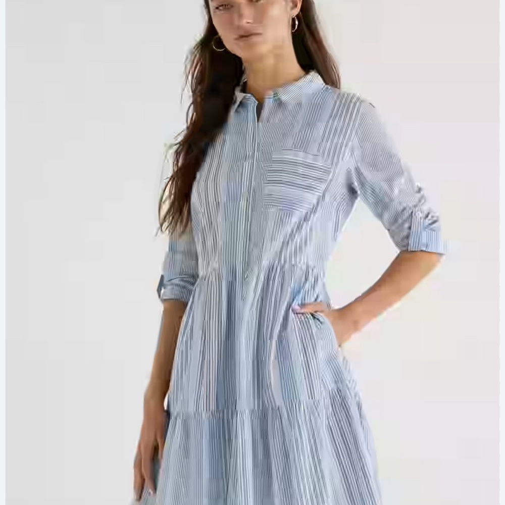 Time and Tru Blue and White Tiered Sundress with Mandarin Collar